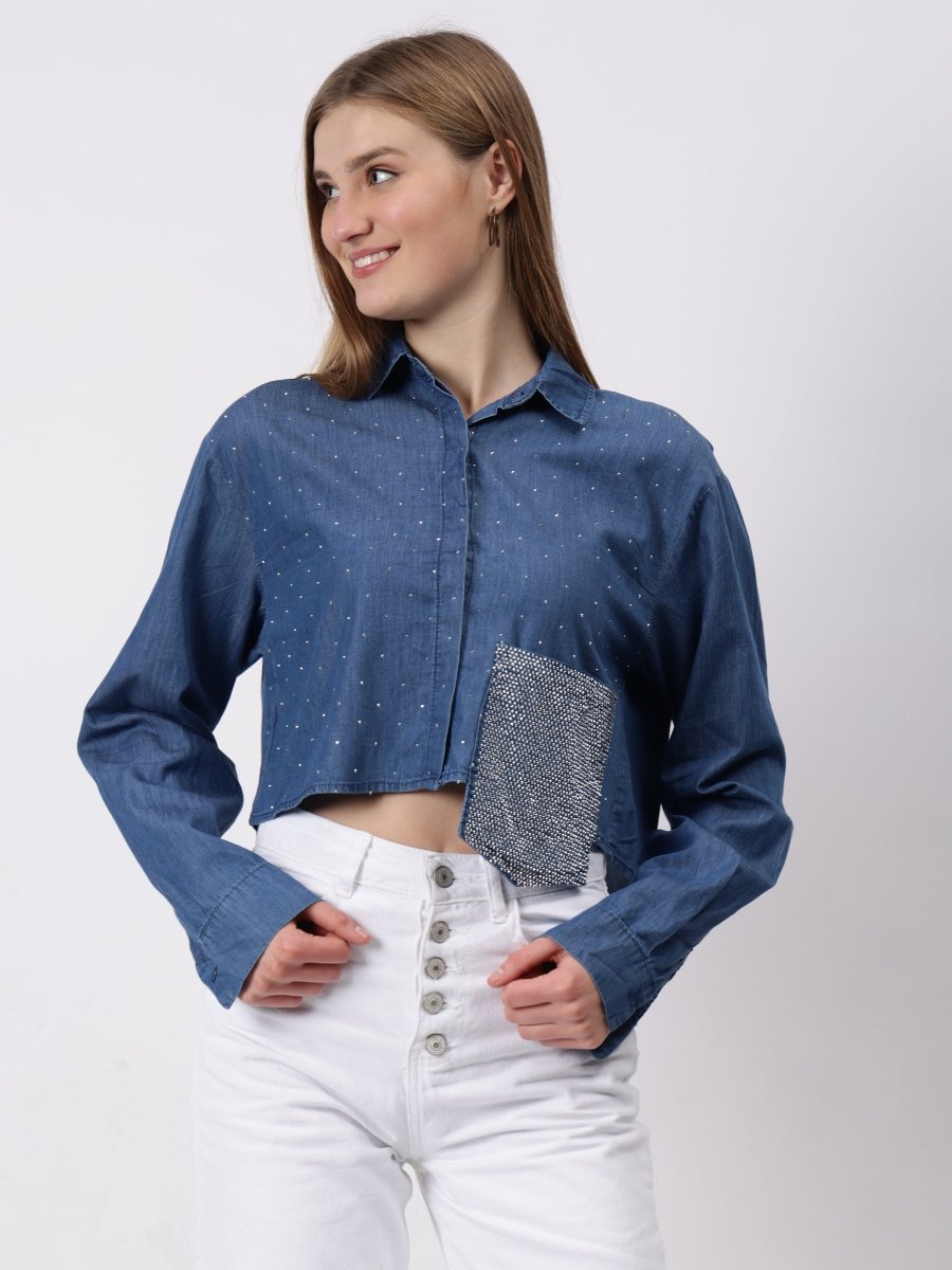 Gaiia Swaroski Studded Cropped Shirt - Blue - GAIIA